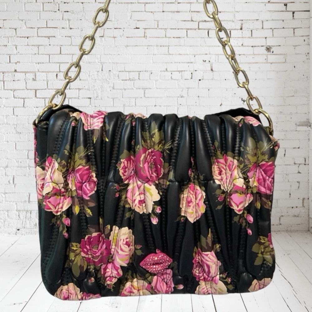 Betsey Johnson Black Floral Pucker Up Convertible Flap Crossbody Purse
